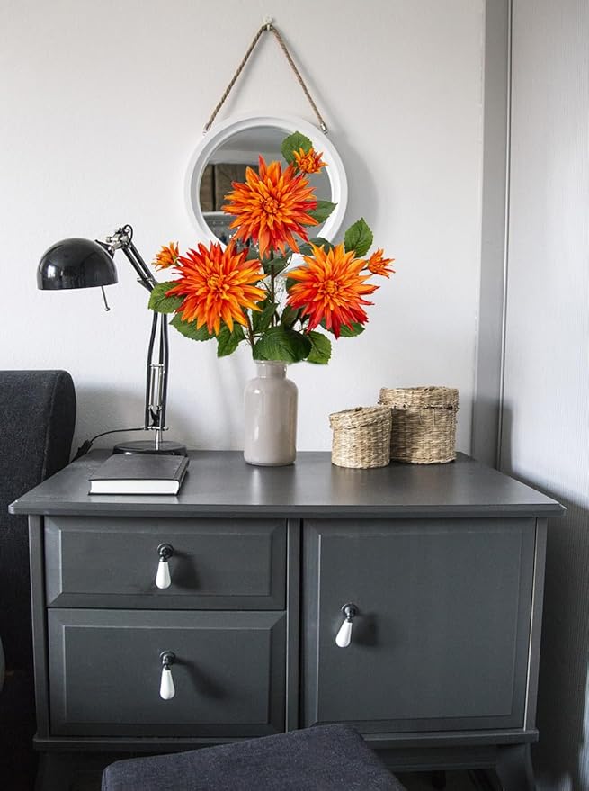 Hollyone 3Pcs Orange Fake Dahlia Flowers Fall Flowers Artificial for Decoration Silk Flower with Long Stem 28" Floral Arrangements Bouquets Autumn Faux Dahlias Centerpieces Fall Decorations for Home