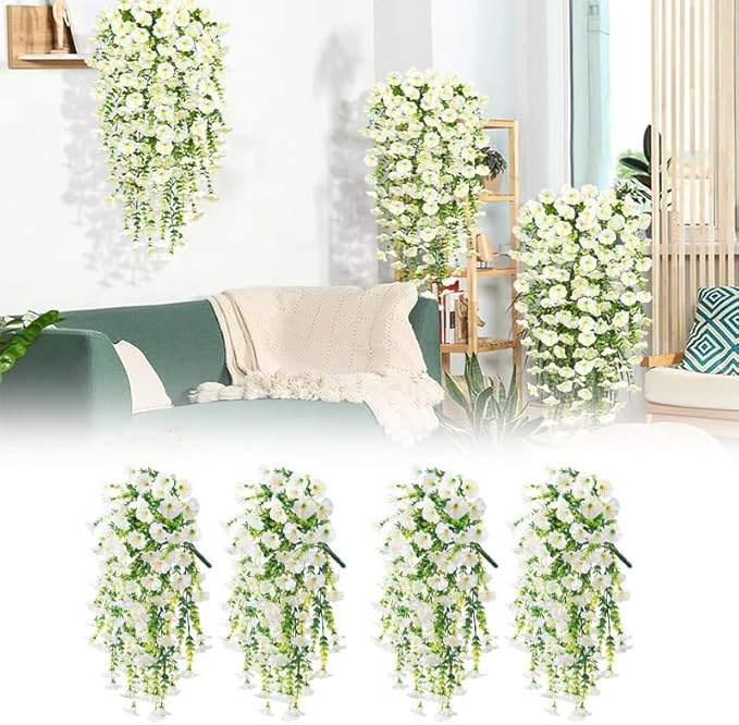 6-Pack Outdoor Faux Plants, 69-Flowered Large Morning Glory, Uv-Resistant Artificial Morning Glory,Perfect for Outdoor Decoration in All Seasons Such as Porches and Gardens (White)