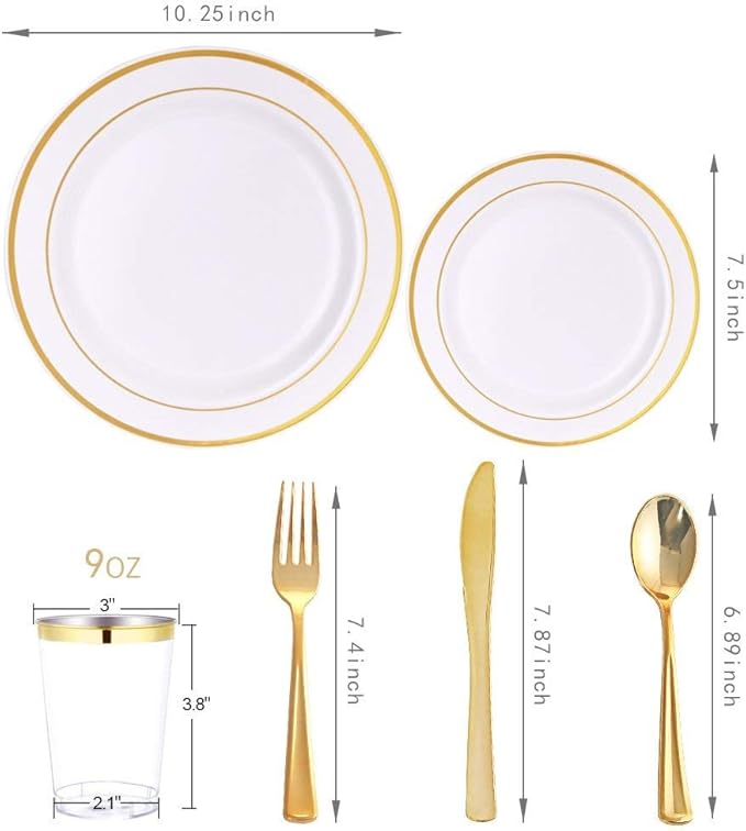 WELLIFE 150 Pcs Gold Plastic Plates, Plastic Dinnerware Set Includes: 25 Dinner plates 10.25", 25 Dessert plates 7.5", 25 gold Cups 9OZ and 25 gold Cutlery for Party