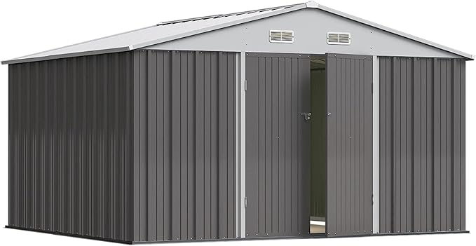 Greesum 10×8FT Outdoor Storage Shed, Metal Patio Storaged Sheds with Lockable Doors, Sheds & Outdoor Storage for Bike, Backyard, Pool and Garden, Gray