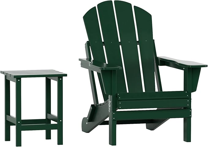 WO Home Furniture Adirondack Chair Table Set of 2 PCS Outdoor Folding Chair w Side Table Weather/UV Resistant for Lawn, Garden, Bon Fire, Balcony (Dark Green)