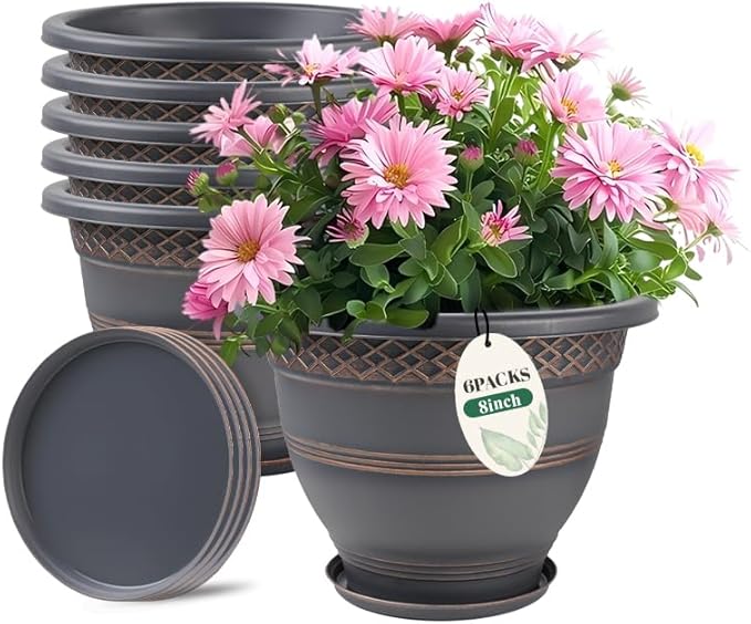 6 Pack 8 Inch Plant Pots, Plastic Flower Pot for Indoor & Outdoor with Drainage Holes & Saucer, Plaid Pattern Planters Garden Pots for Herbs