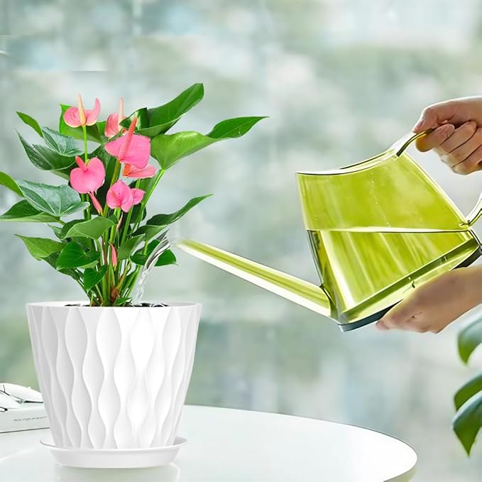 7 Inch Plant Pots 5 Pack, Plastic Flower Pots with Drainage Holes Saucers, Indoor Outdoor Planters for Plants, Lightweight Durable,White