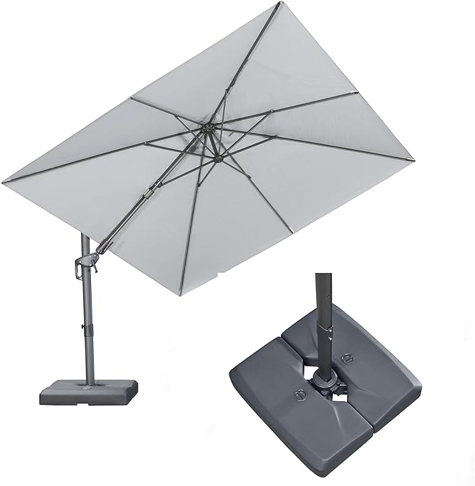 PURPLE LEAF 10' X 10' Swivel Outdoor Patio Aluminum Umbrella with Base Left-right Tilting Cantilever Offset Umbrella with UV Resistant Heavy Duty Fabric for Deck Pool Patio Backyard, Pebble Grey