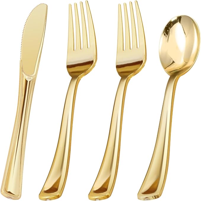 BESTVIP 60PCS Gold Plastic Silverware, Disposable Utensils, Heavy Duty Cutlery Set of 30 Forks, 15 Spoons, 15 Knives for Christmas, Party, Weddings, Catering and Daily Use