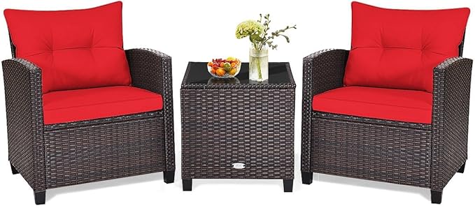 HAPPYGRILL 3 Pieces Patio Conversation Set, Outdoor Furniture Set PE Rattan Sofa Set with Removable Cushions, PE Wicker Chairs with Tempered Glass Side Table for Porch Lawn Garden Balcony Backyard