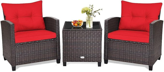 HAPPYGRILL 3 Pieces Patio Conversation Set, Outdoor Furniture Set PE Rattan Sofa Set with Removable Cushions, PE Wicker Chairs with Tempered Glass Side Table for Porch Lawn Garden Balcony Backyard