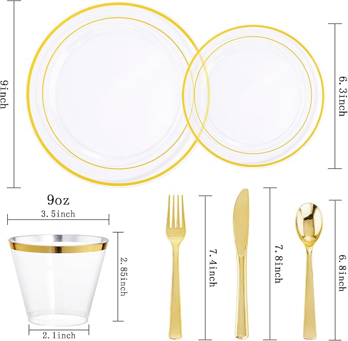 WELLIFE 300Pcs Clear Gold Dinnerware, Clear and Gold Plates Heavy Duty, Including 50 Dinner and 50 Dessert Plates, 50 Cups, 50 Silverware