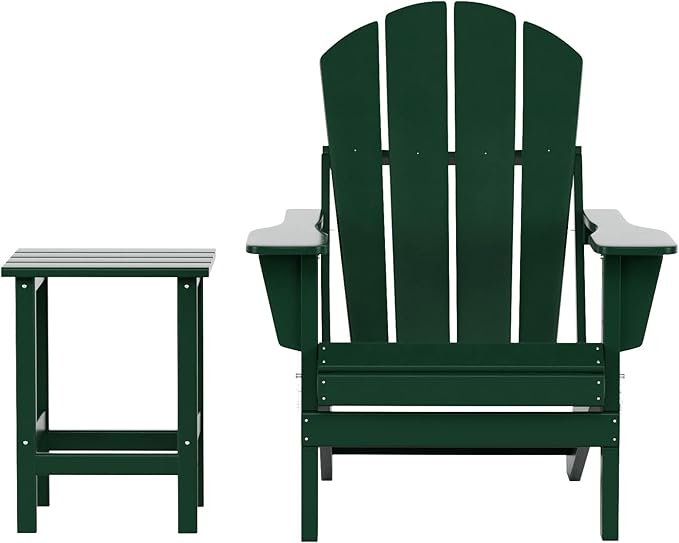 WO Home Furniture Adirondack Chair Table Set of 2 PCS Outdoor Folding Chair w Side Table Weather/UV Resistant for Lawn, Garden, Bon Fire, Balcony (Dark Green)