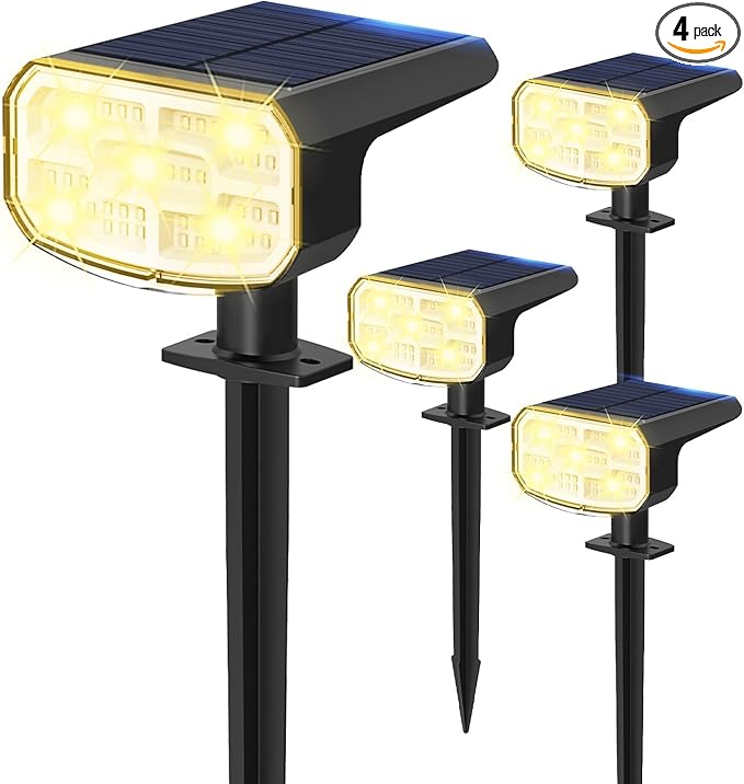 Solar Lights Outdoor Waterproof IP65, Super Bright LED, 3000K 2 Lighting Modes, Solar Powered Yard Garden Solar Spot Lights for Outside Landscape Auto On/Off -4 Pack