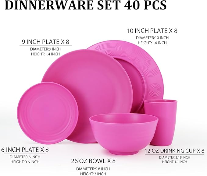 Wheat Straw Dinnerware Set 40 PCS | Service for 8 | Unbreakable Plates and Bowls Sets Plastic Reusable Dishes Sets Dinner Plates, Cereal Bowls, Water Cups Kitchen Set for Home RV- Pink