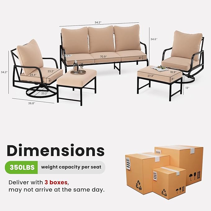 Soohow Patio Furniture Set, 5 Piece Outdoor Patio Furniture Set, 2 x Outdoor Swivel Chair, 1 x 3-Seats Sofa and 2 x Ottoman, Metal Conversation Set for Porch, Balcony, and Backyard
