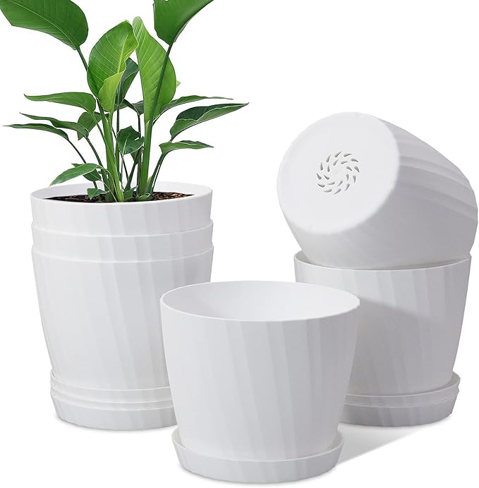 6 Inch Plant Pots Bulk, 6 Pack Plastic Planters with Drainage Holes and Saucers for Indoor Outdoor House Plants and Flowers, White