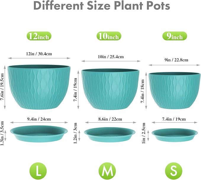 Large Plant Pots 12/10/9 inch, 3 Pack Big Flower Pots for Outdoor Indoor Plants with Water Ripples, Wide Plastic Planters with Drainage Holes and Saucers for Garden Home Decor, Blue Green