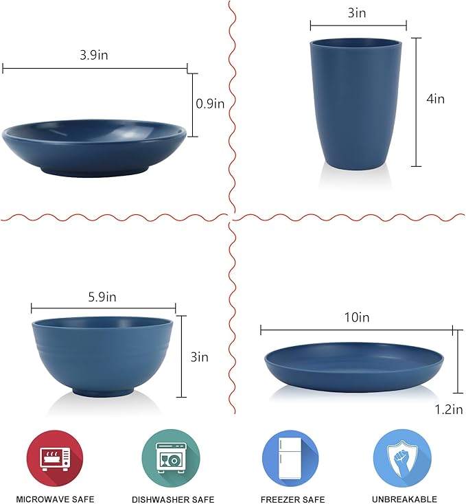 Wrova Wheat straw plates and bowls sets with cutlery - Unbreakable wheat straw dinnerware sets - Dishwasher safe plates,bowls,cups for apartment.Blue