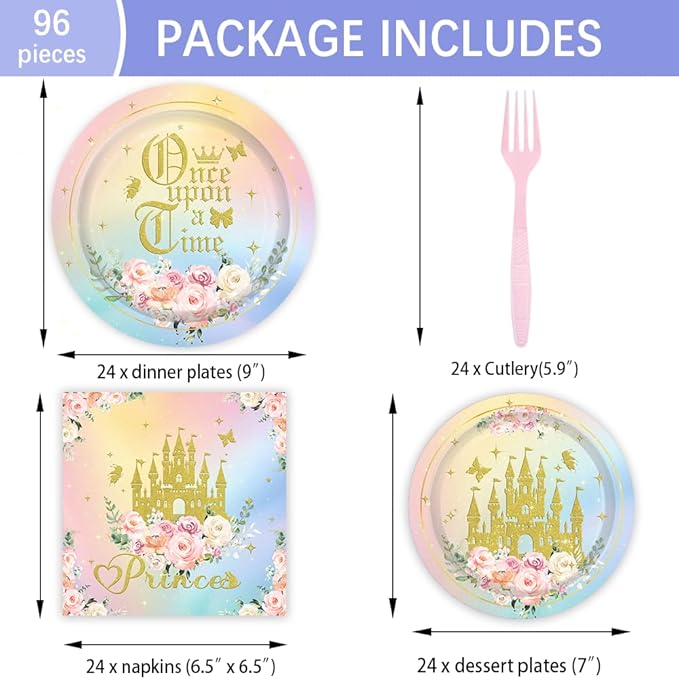 96PCS Princess Castle Plates and Napkins Girls Gold Princess Flower Castle Birthday Tableware Set Watercolor Pastel Rainbow Castle Party Table Decorations Favors Serves 24 Guests