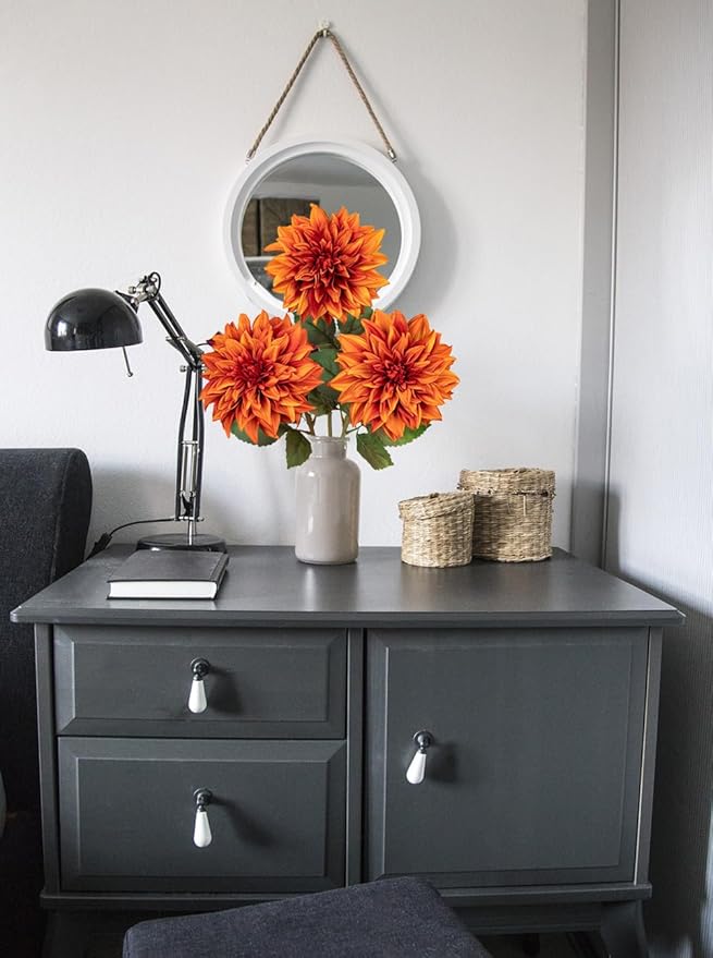 3Pcs Orange Artificial Dahlia Flowers Fall Fake Flower Silk Flowers with Long Stem 27.5" Floral Arrangements Bouquets Autumn Faux Dahlias Flowers for DIY Wedding Party Centerpieces Home Decor