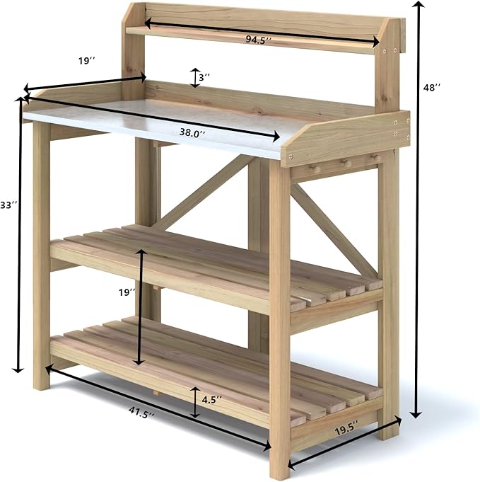 S AFSTAR Garden Potting Bench, Gardening Work Station Table with 2 Storage Shelves, Fir Wood Structure and Metal Tabletop, Gardening Table Potting Benches for Outside Backyard Balcony
