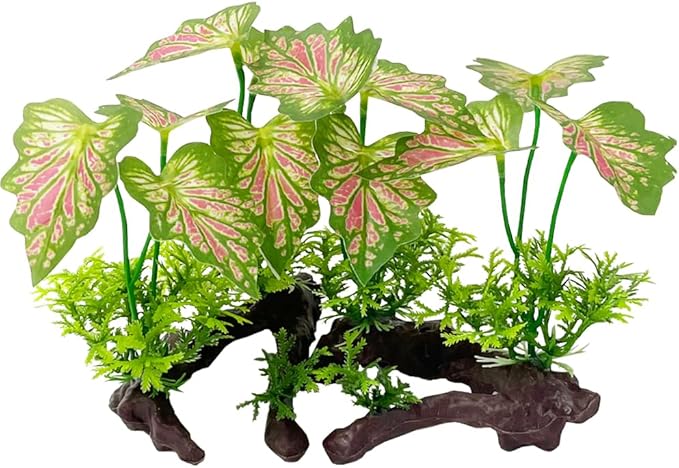 Smoothedo-Pets Aquarium Plant Fish Tank Decoration Small Plastic Artificial Plant Goldfish Fish Hide (Rainforest Leafs-Pink-Small-Set)