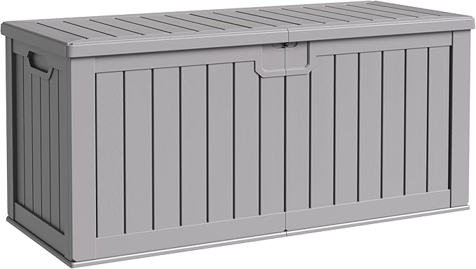 Flamaker Resin Deck Box 250 Gallon, Waterproof Imitation-Wood Lockable Storage Box with Separator Plate Outdoor Indoor, Garden, Patio Furniture for Tools&Pool Accessories (Gray)