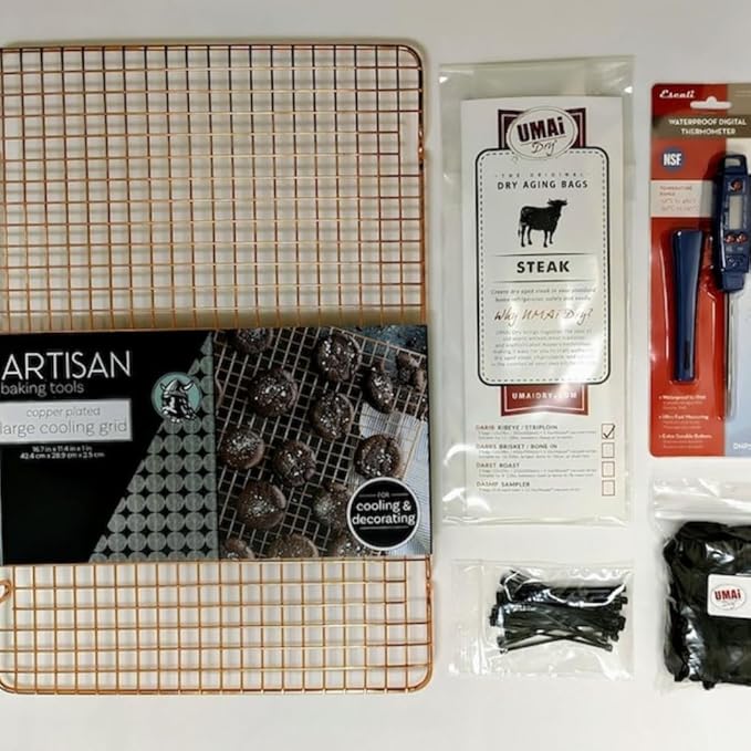 UMAi Dry Grill Master Gift Set – Dry Aging Kit with Copper Rack, Digital Meat Thermometer, 3 Ribeye & Striploin Dry Age Bags, Meat Crafting Gloves, and Zip Ties for Steak Lovers and Home Grilling