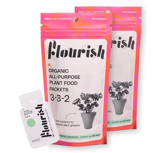 10 Individual Single Use Packets - Flourish Plant Organic All-Purpose Fast Acting Plant Food 3-3-2 Fertilizer for Indoor Plants - CDFA Certified, 0.078 fl oz, (2 Packs of 5 Single Servings) USA Made