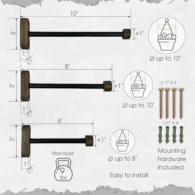 EvenWood 2-Piece Set of Wooden Plant Hooks for Wall with Sturdy Metal Tube - Plant Wall Hanger for Pots, Flower Brackets - Bracket Plant Hanger for Indoor and Outdoor Decorations (Walnut, 10 Inch)