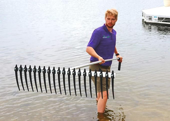 Rake Zilla | Extra-Large Heavy-Duty Lake and Pond Aquatic Weed Rake – 40" Wide Head with 9" Tines | Includes Detachable Float Kit & 25 ft Rope for Scooping, Skimming, and Easy Cleanup in Lakes & Ponds