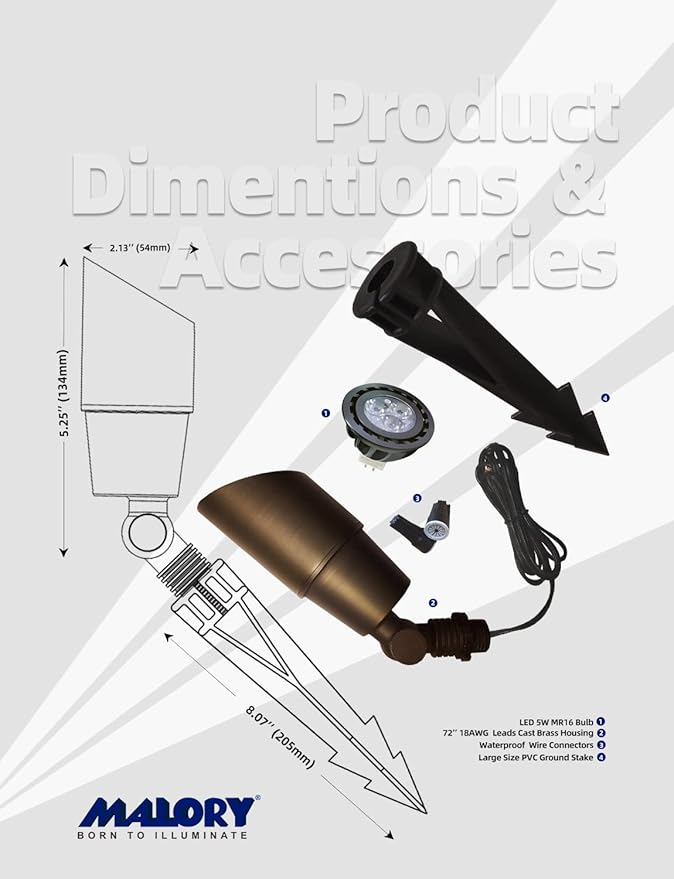 MALORY Brass Landscape Spotlight 12-Pack with Bulb(S01), Low Voltage 12V AC/DC LED Outdoor Landscape Lighting,PVC Ground Stake and Wire Connector Included, Garden Patio Trees Spot Uplight