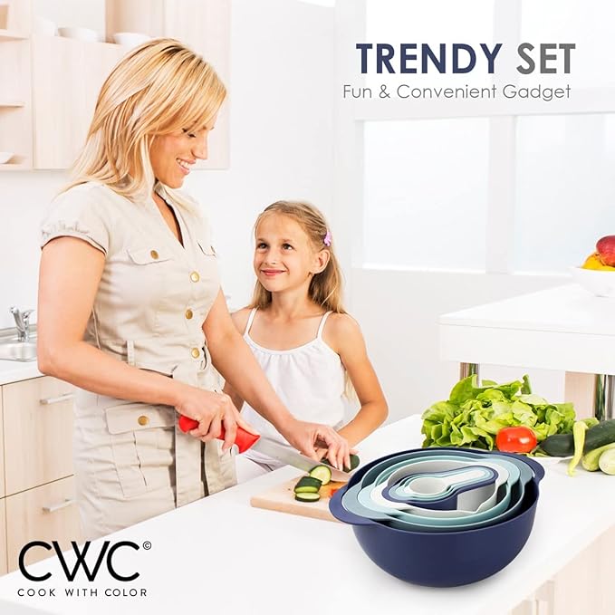 COOK WITH COLOR 8Pc Nesting Bowl Set, Teal - Includes 2 Mixing Bowls, Colander, Sifter, 4 Measuring Cups, Polypropylene, Dishwasher Safe, BPA Free