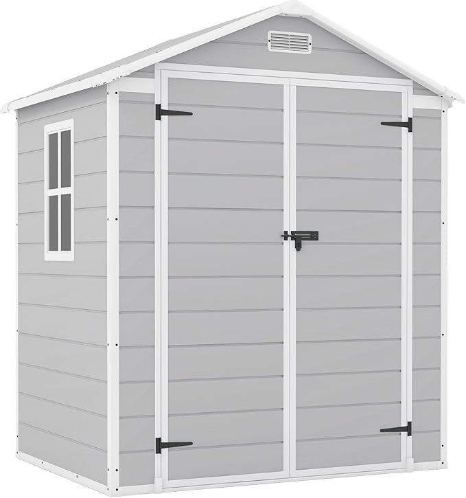 Patiowell 6x4 FT Plastic Outdoor Storage Shed, Resin Outside Shed Perfect to Store Patio Furniture, GardenTools Bike Accessories, Beach Chairs and Lawn Mower, Light Grey