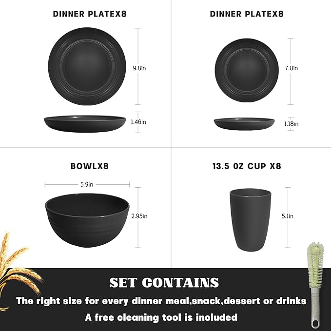 Kitchen Wheat Straw Dinnerware Sets (33pcs) Attached cleaning brush,Service For 8,Plastic Plates and Bowls Sets,Unbreakable Dinnerware,Lightweight Plastic Plate Set
