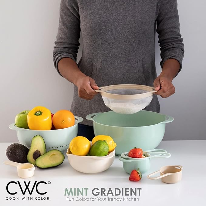 COOK WITH COLOR Nesting Bowls with Measuring Cups Colander and Sifter Set - Includes Mixing Bowls, Colander, Sifter and Measuring Cups, Mint, 8 Pc Bowl