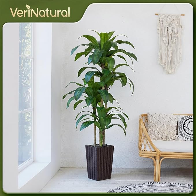 6FT Artificial Dracaena Tree - UV Resistant Faux Tropical Plant, Potted Fake Tree with Taper Planter & Pebbles - Indoor Outdoor Greenery for Home, Porch, Living Room, Bedroom Decor, VN127