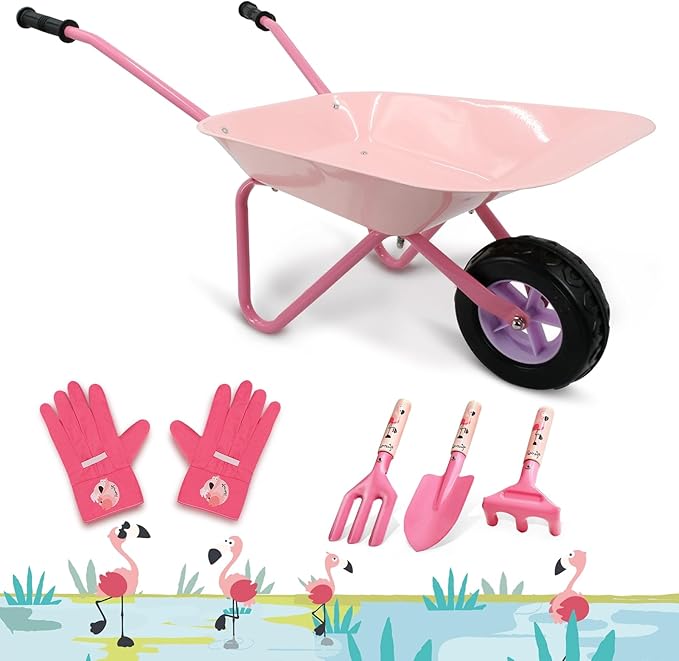 Kids Wheelbarrow Set Metal, Pink Child Wheel Barrel and Kids Gardening Tools Toddler, Garden Toys with Small Wheel Barrow, Outdoor Indoor Toys Gift for Girls