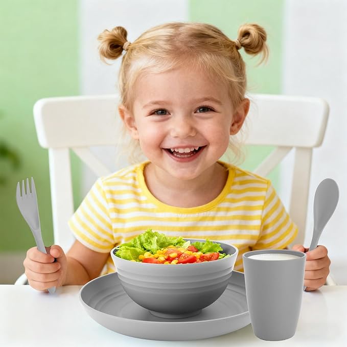 Dinnerware Sets 20 pcs, Wheat Straw Plates and Bowls Sets with Cups Service for 4, Unbreakable Reusable Plastic Plates Set for Kitchen, Office, Travel, Camping - Gray