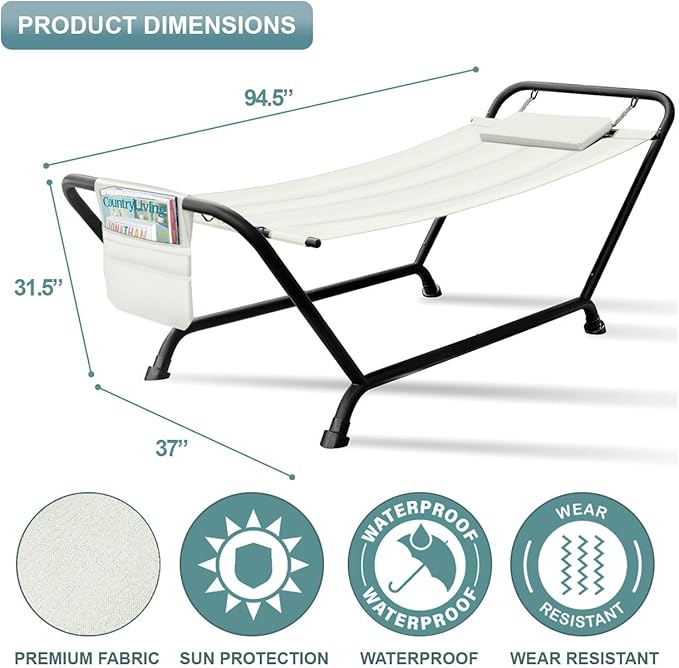 Sorbus Cozy Hammock Bed- Patio Hammock with Stand w/Pillow and Storage Pockets- Heavy Duty 500lbs Support- Durable Outdoor Hammock- For Patio, Garden, Backyard, Poolside- Weather Resistant Outdoor Bed