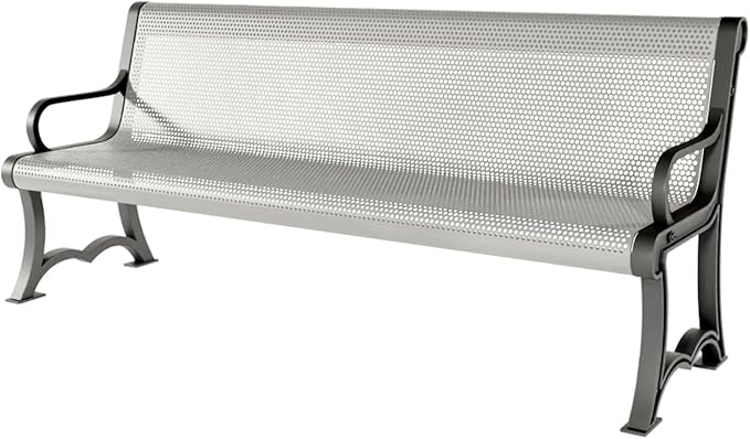 COATEDOUTDOORFURNITURE Heavy-Duty Outdoor Bench Thermoplastic Coated, Punched Steel, Commercial-Grade Garden Bench, Made in America (Portable with Back, 6 Ft, Textured Grey)