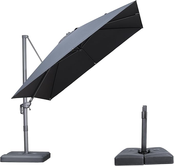 PURPLE LEAF 10 FT Outdoor Umbrella with Base Patio Cantilever Aluminum Umbrella with 3 Years Fade Resistance Recycled Fabric Offset Square with 360-degree Rotation for Deck Pool Garden, Graphite Grey