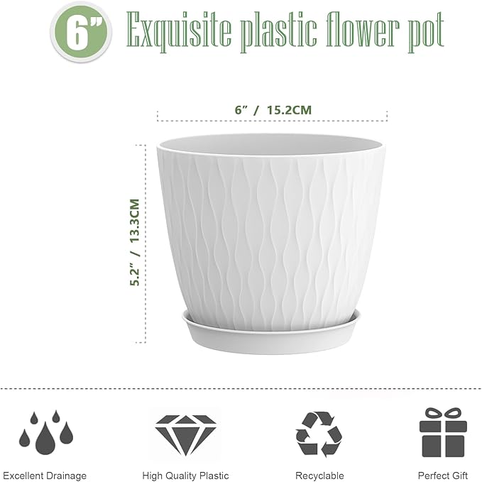 6 Inch Plant Pots, 6 Pack Flower Pots for Indoor and Outdoor Use, Planters with Drainage Holes and Saucers, White