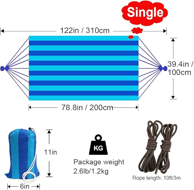 Brazilian Single Hammock 1 Person Canvas 200X100cm Total Length 310cm Load 250kg Cotton Hammock for Garden Backyard Outdoor and Indoor