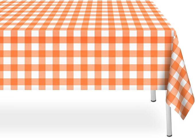 3 Pack Orange and White Checkered Tablecloth, Plastic Table Cloths for Parties Disposable, 54x108 in Waterproof Rectangular Gingham Camping Tablecloth for Birthday, Party, Baby Shower