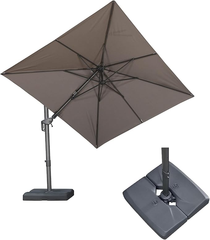 PURPLE LEAF 8' X 10' Swivel Outdoor Patio Aluminum Umbrella with Base Left-right Tilting Cantilever Offset Umbrella with UV Resistant Heavy Duty Fabric for Deck Pool Patio Backyard, Ash Mocha