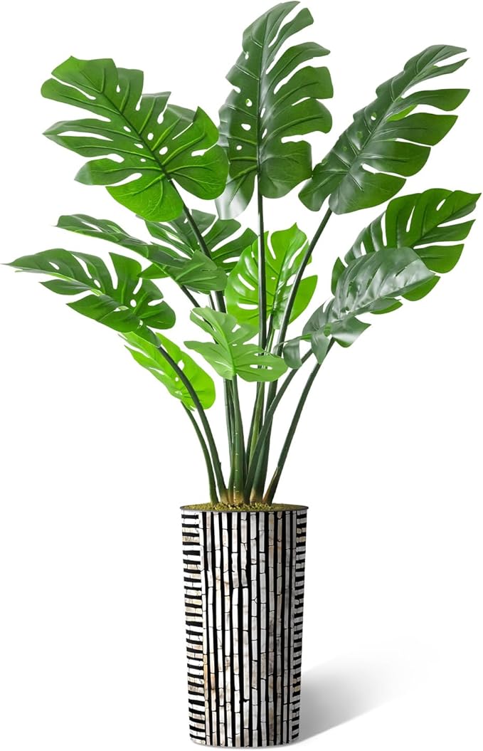 Artificial Tree in Black and Brown Striped Planter, Fake Monstera Silk Tree for Indoor and Outdoor Home Decoration - 65" Overall Tall (Plant Pot Plus Tree)