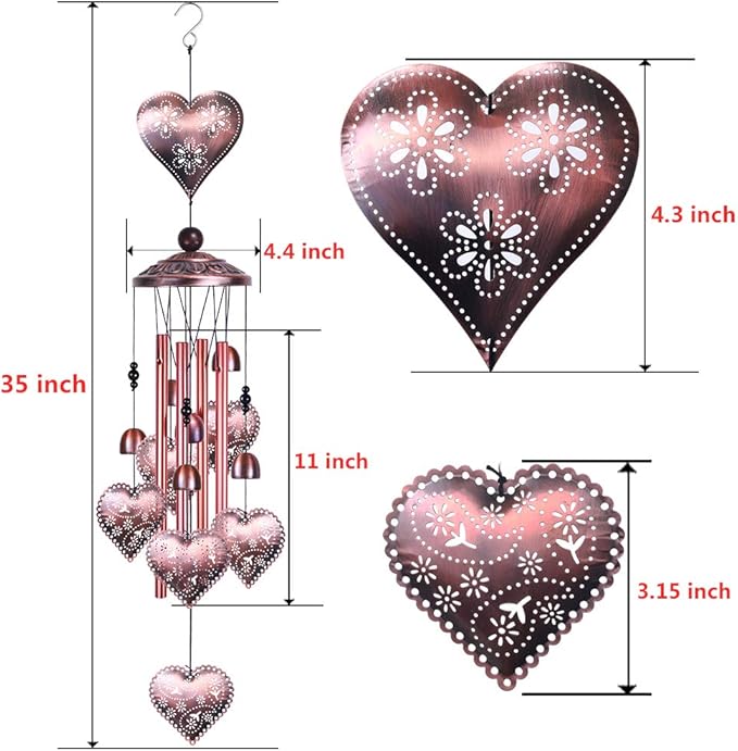 Loving Heart Wind Chimes Outdoor Indoor Decor - with 4 Aluminum Tubes 6 Bells 7 Hearts Mobile Romantic Wind Catcher Heart Shaped Windchimes for Home, Mom Gifts, Balcony, Festival, Garden Decoration