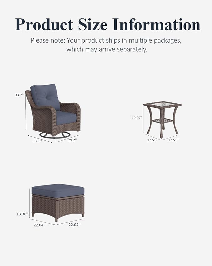 LayinSun 5 Piece Wicker Outdoor Furniture Set with 6-inch Comfy Cushions, High Back Patio Furniture Set with Swivel Rocking Chairs and Side Table