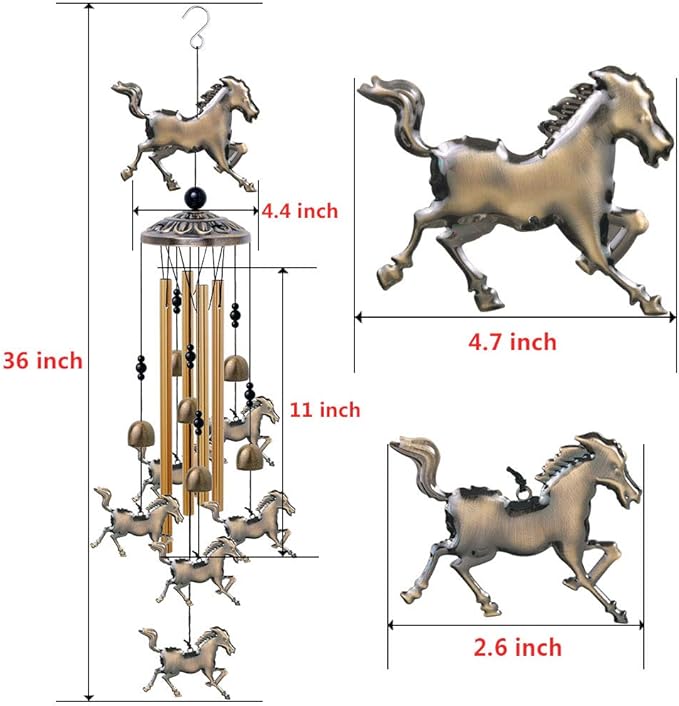 Horse Wind Chimes Decor - 35 Inch Pure Hand-Made Metal Musical Wind Bells with 4 Aluminum Tubes 6 Bells 7 Horses Mobile Wind Catcher Romantic Wind Chime for Home, Festival, Indoor/Outdoor Decoration