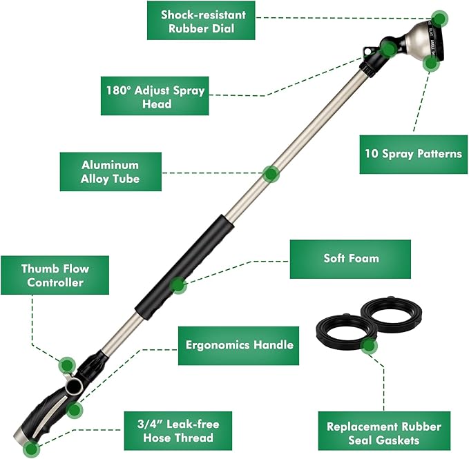 RESTMO 36” Long Watering Wand, Metal Garden Hose Wand with 180° Swivel Head and 10 Spray Patterns, 3ft Heavy Duty Hose Nozzle Sprayer with Thumb Flow Control, Ideal to Water Hanging Baskets, Shrubs