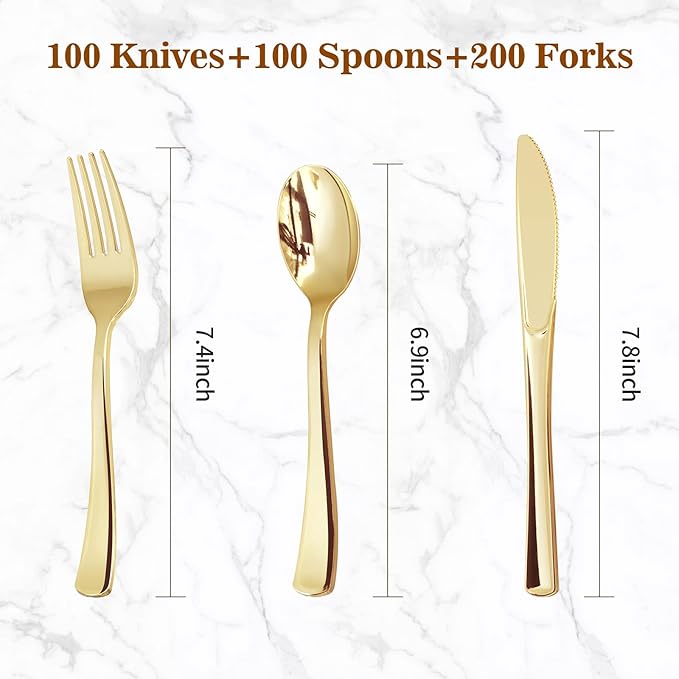 BESTVIP 400PCS Gold Plastic Silverware, Gold Disposable Utensils, Heavy Duty Cutlery Set of 200 Forks, 100 Spoons, 100 Knives for Christmas, Parties, Weddings, Catering and Daily Use