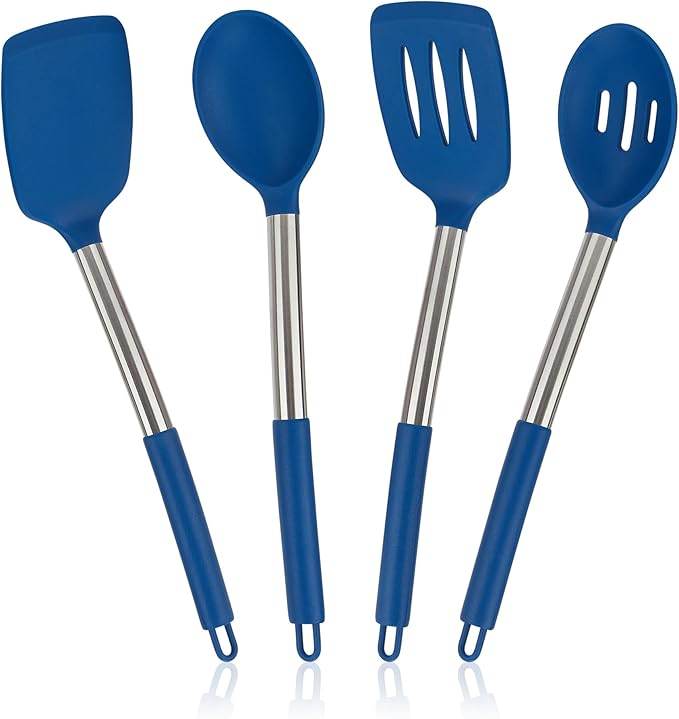 4 Pack Silicone Utensils Set, Non Stick Solid Spatulas, Heat Resistant Blue Slotted Spoons with Stainless Steel Handle, BPA Free Cooking Turner for Stir-Fry, Frying, Mixing, Serving,Draining,Turning